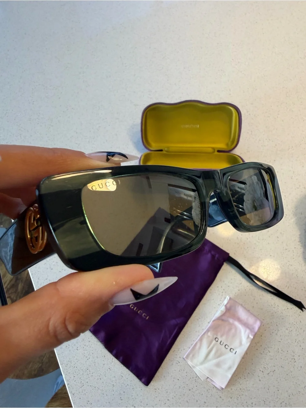 Gucci GG Logo Rectangular Sunglasses Dark Green w/ Case & Accessories